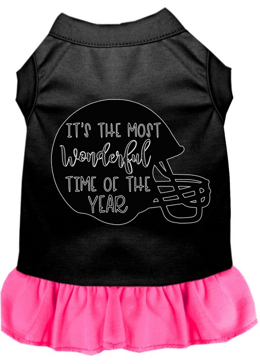 Most Wonderful Time of the Year (Football) Screen Print Dog Dress Black with Bright Pink XS